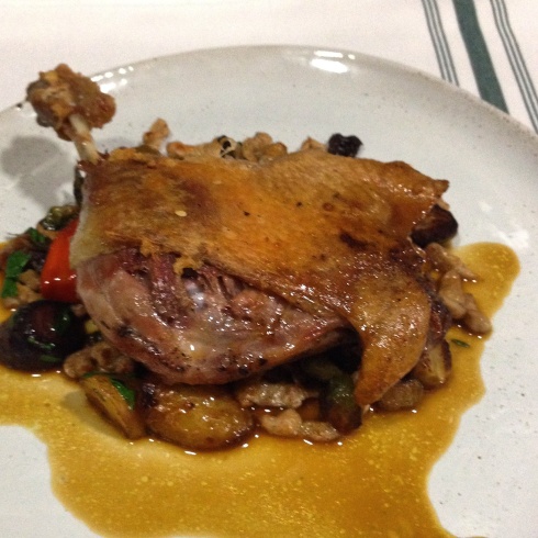 New Confit Duck Leg with Blood Orange Duck Jus, Crispy Spaetzle, Roasted Carrots, and Brussels Sprouts at DC Harvest